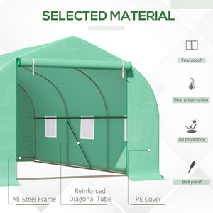 Garden tunnel greenhouse with roll-up door and 6 screened windows, steel frame, green
