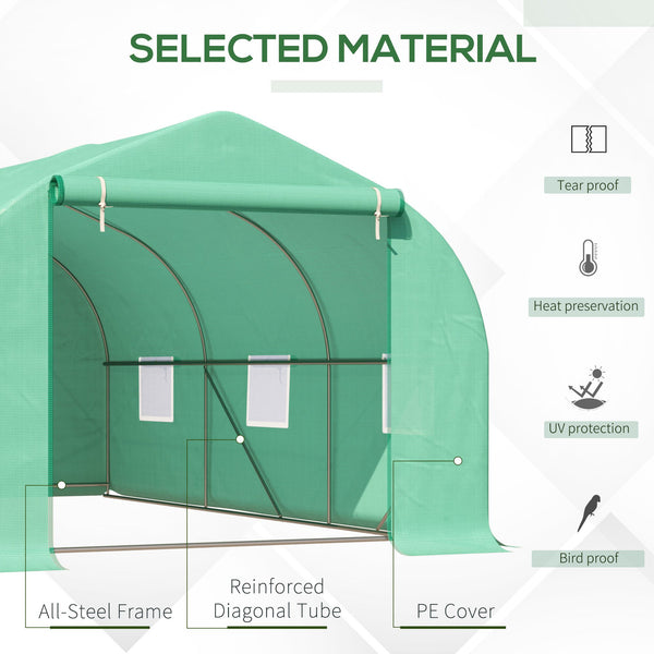 Garden tunnel greenhouse with roll-up door and 6 screened windows, steel frame, green