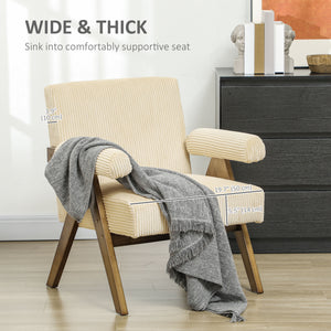 Corduroy accent chair with wide seat and padded armrests, beige