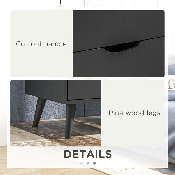 Modern bedside table with 2 drawers and pine legs, black