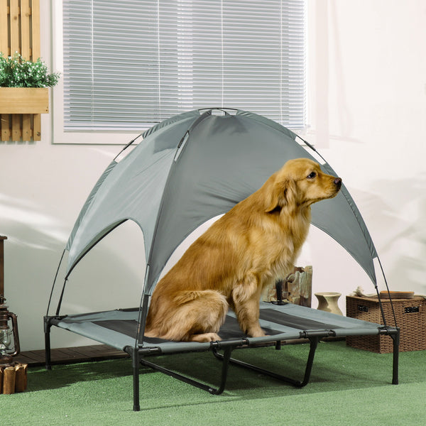 Elevated dog bed with canopy, gray