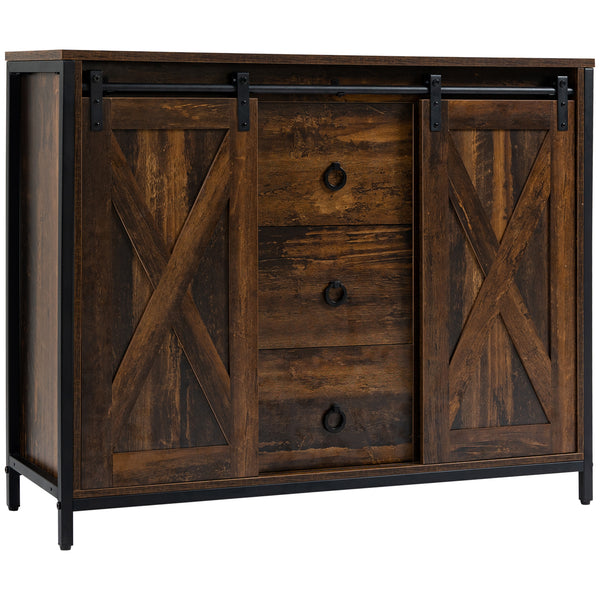 Industrial buffet with sliding barn doors, three drawers, and adjustable shelves, rustic brown