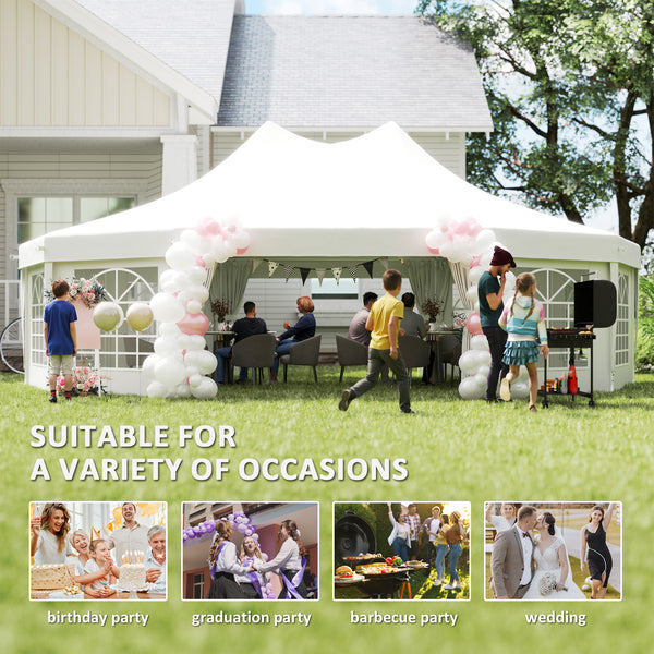 29 x 21 ft Decagonal High-Rise Party Tent with Canopy and 10 Removable Sidewalls, White
