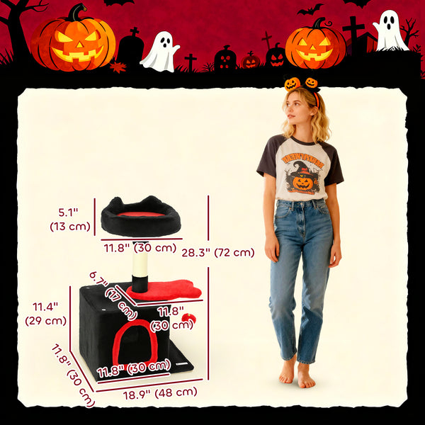 71cm Gothic Cat Tree with Soft Bed, Cozy Cave, Scratching Post and Hanging Ball, Red and Black