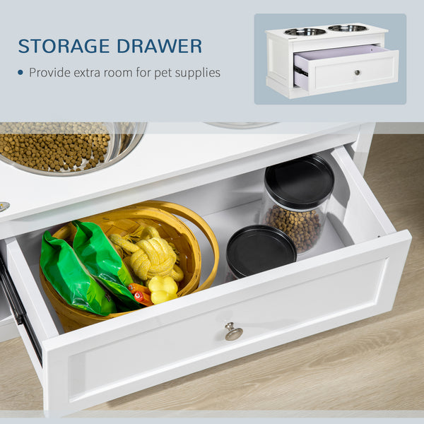 Raised Dog Bowls with Storage Drawer for Large Dogs, White