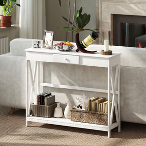 2-Tier Narrow Console Table with Storage Shelf, White