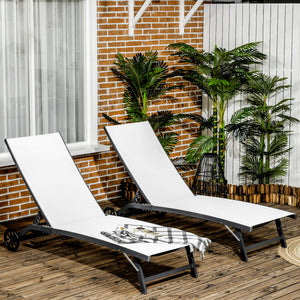 Outdoor Lounge Chair Set of 2, Tanning Chair with Wheels, Breathable Mesh for Patio, Backyard, Poolside, Cream White