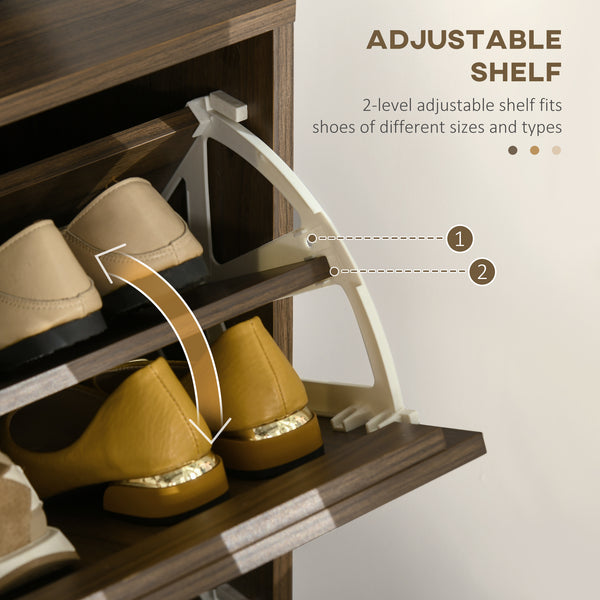 Shoe cabinet for 12 pairs, with 2 hinged drawers and adjustable shelves, walnut color