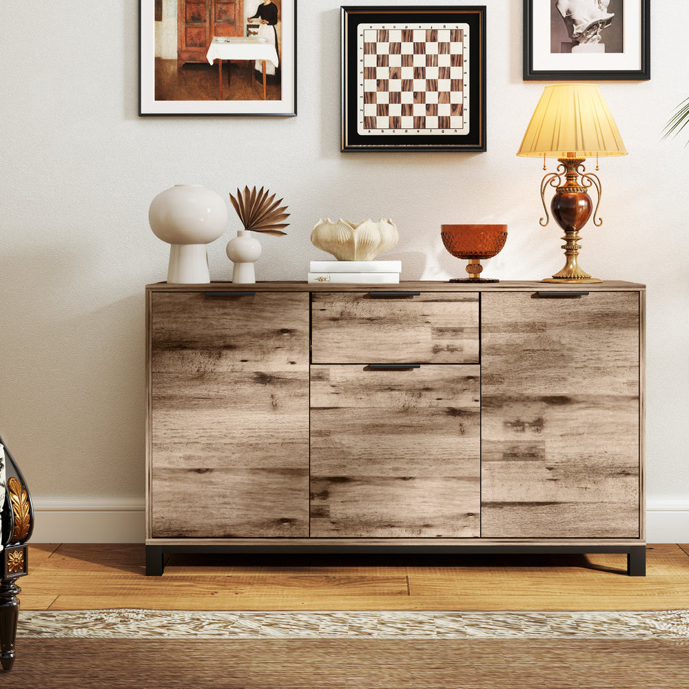 Industrial Sideboard with 3 47" Doors, Drawer and 2 Adjustable Shelves for Living Room, Brown Wood Grain