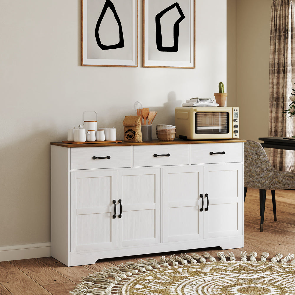 Sideboard Buffet Cabinet with Storage, Modern Coffee Bar Cabinet with 3 Drawers and Adjustable Shelves, Distressed White