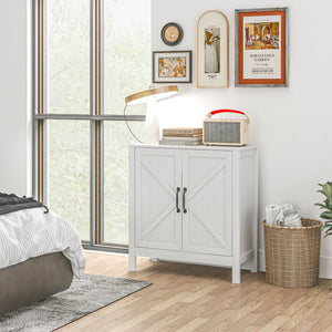 Kitchen buffet with barn-style sliding door and adjustable shelves, white wood look.