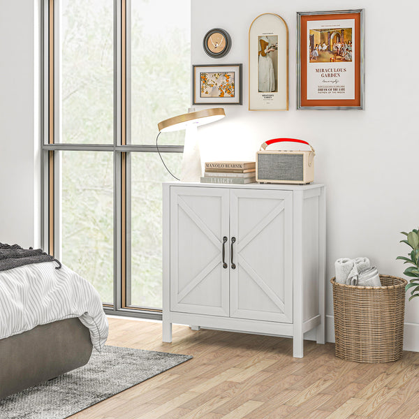 Kitchen buffet with barn-style sliding door and adjustable shelves, white wood look.