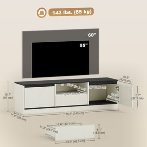 TV stand for 55-60 inch TVs with cupboards, shelf and drawer, white