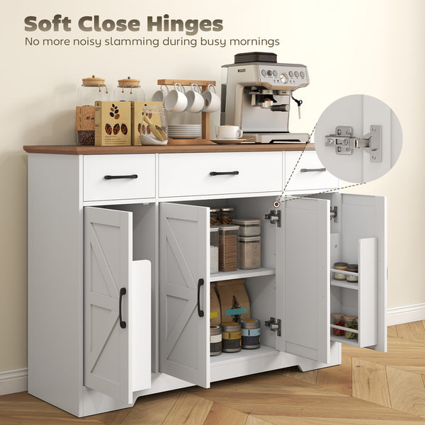 47" Buffet with Soft-Close Hinges, Country Style, with 3 Drawers, Adjustable Shelves, and Spice Rack, White