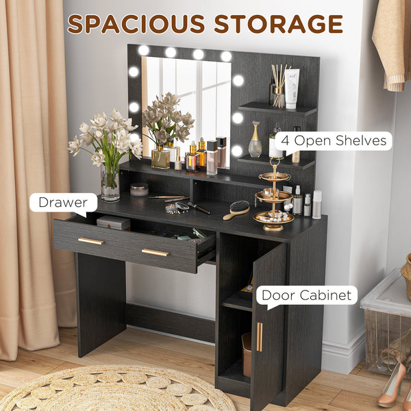 LED Lighted Dressing Table with Stool, Drawer and Shelves, Black 