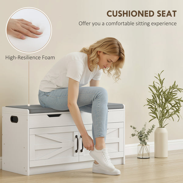 Shoe storage bench with 2-tier cabinet, hinged lid, padded cushion for hallway, white