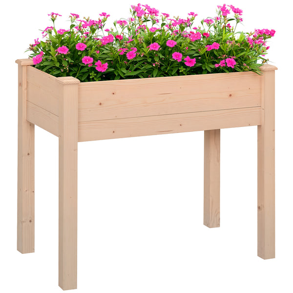 Raised wooden planter with legs, drainage holes and inner bag, natural color