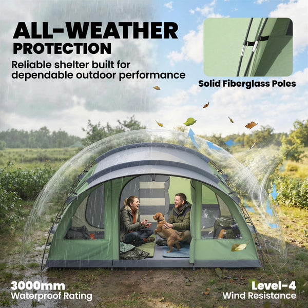 5-Person Multi-Room Camping Tent, Easy Setup with 4 Windows and Porch, Light Green
