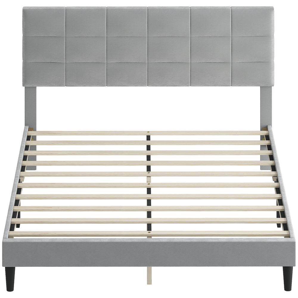 Queen Size Bed Base with Upholstered Headboard, Gray