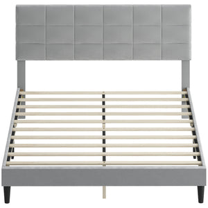 Queen Size Bed Base with Upholstered Headboard, Gray