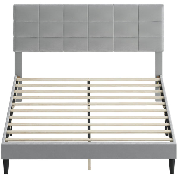 Queen Size Bed Base with Upholstered Headboard, Gray