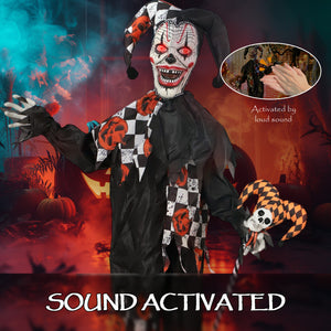 Life-size animated clown, glowing red eyes, sound-activated scary Halloween decorations