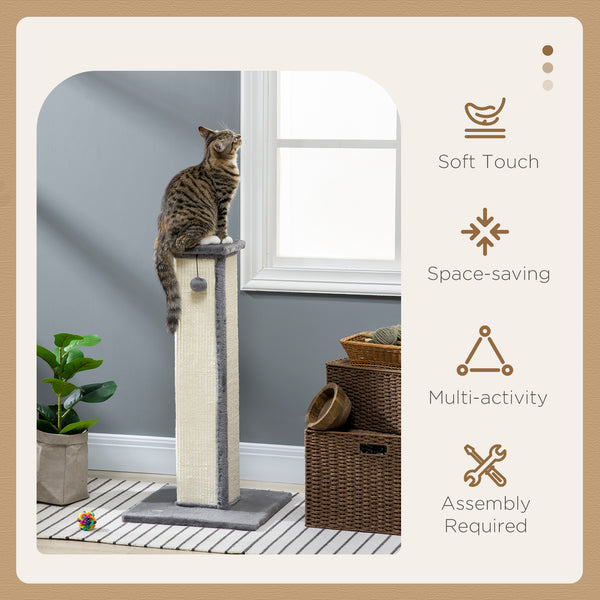 81cm high scratching post with hanging ball and soft plush, grey