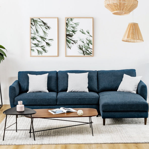 Canapé sectionnel en tissu en forme de L avec chaise longue et pieds en bois massif
