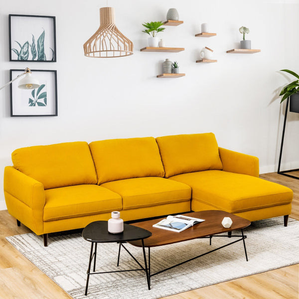 Canapé sectionnel en tissu en forme de L avec chaise longue et pieds en bois massif