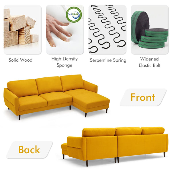 Canapé sectionnel en tissu en forme de L avec chaise longue et pieds en bois massif