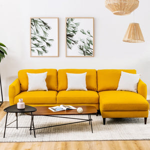 Canapé sectionnel en tissu en forme de L avec chaise longue et pieds en bois massif