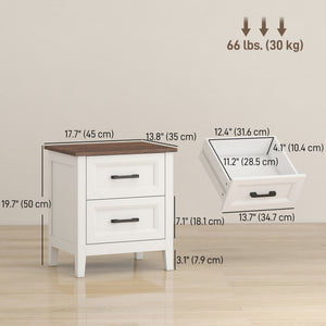Set of 2 farmhouse style nightstands, with 2 drawers, wood effect top, white