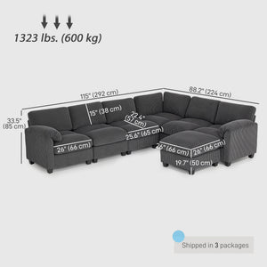 Oversized Sectional Sofa with Spring Cushion, Charcoal Gray