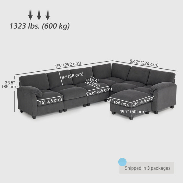 Oversized Sectional Sofa with Spring Cushion, Charcoal Gray