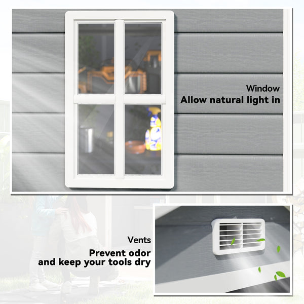 Plastic garden shed with double door and ventilation, grey