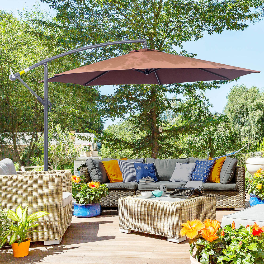 Deluxe 3m Cantilever Patio Umbrella with Crank and Cross Base, Coffee