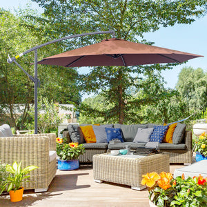 Parasol de terrasse Deluxe 3 m déporté suspendu avec manivelle, base en croix, couleur café