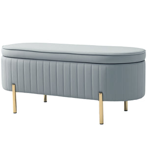 Upholstered tufted bedroom bench with metal legs, gray