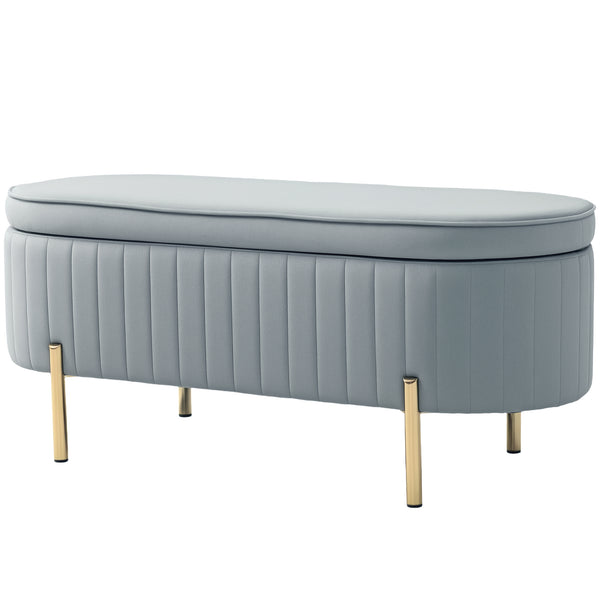 Upholstered tufted bedroom bench with metal legs, gray
