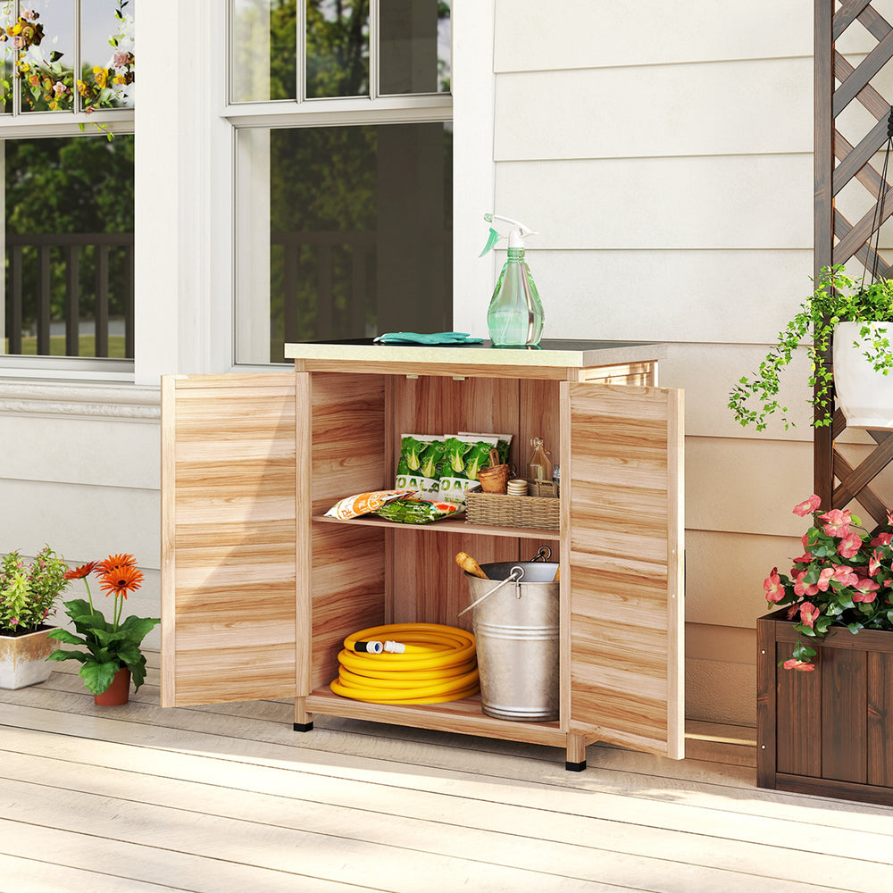 Garden storage unit with metal top, natural color
