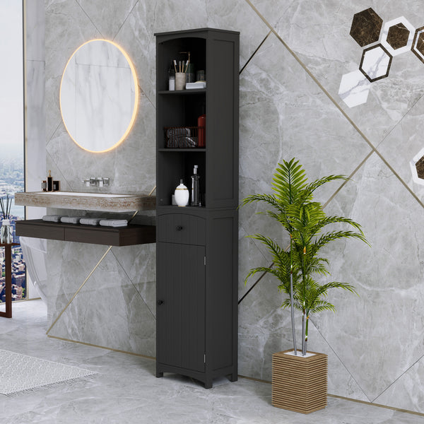 Tall bathroom cabinet with shelves and drawers