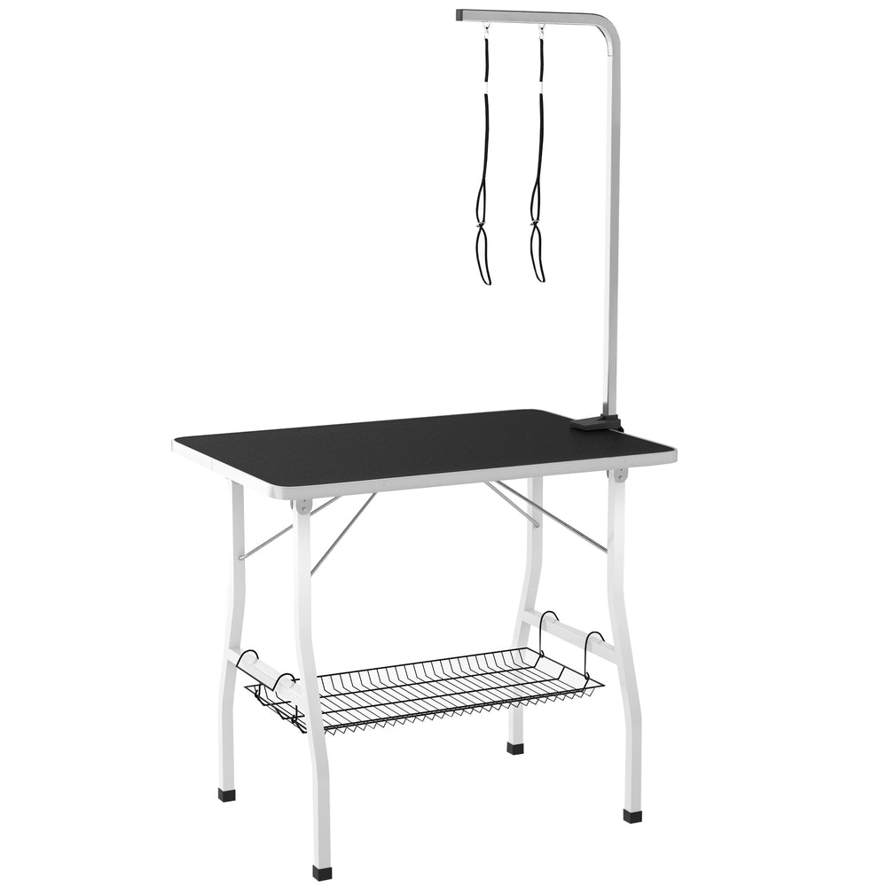Dog Grooming Table with Adjustable Arm, Mesh Tray, and Two Leashes, Black