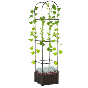 Raised planter with trellis, automatic watering disc and drainage holes