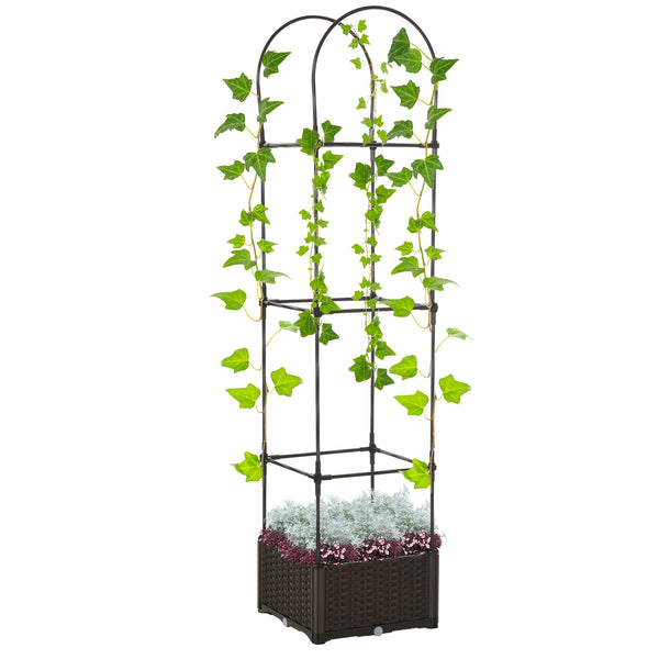 Raised planter with trellis, automatic watering disc and drainage holes