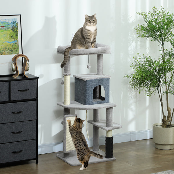 132cm Cat Tree with Scratching Posts, Basket, Kennel, Grooming Brush, Grey