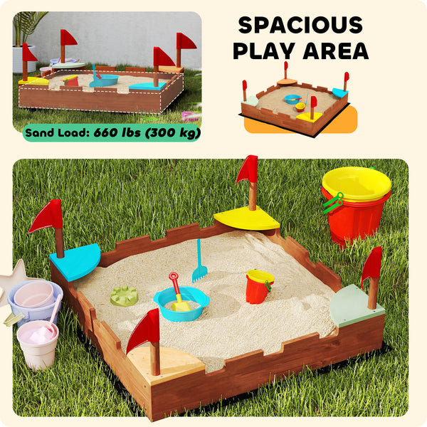 Wooden sandbox with flags, 4 built-in colorful corner seats, brown wood