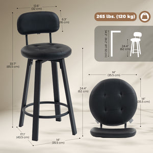 Set of 2 upholstered bar stools with footrest and backrest for kitchen counter, black
