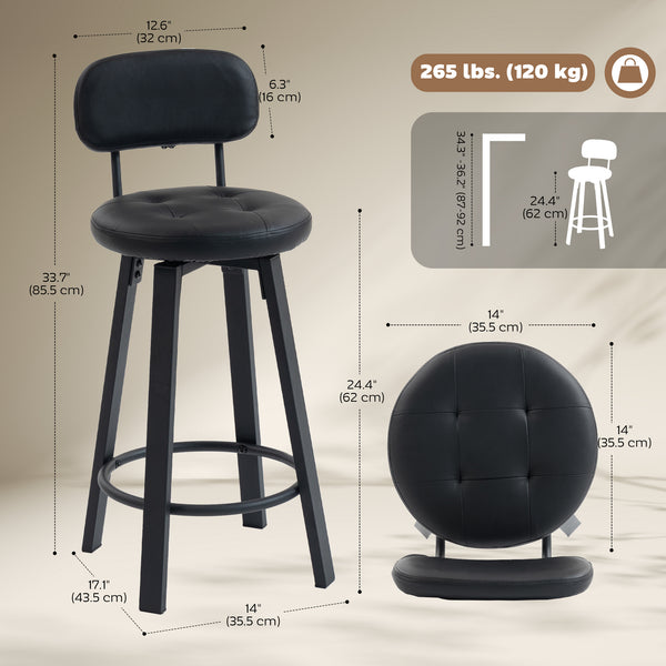Set of 2 upholstered bar stools with footrest and backrest for kitchen counter, black