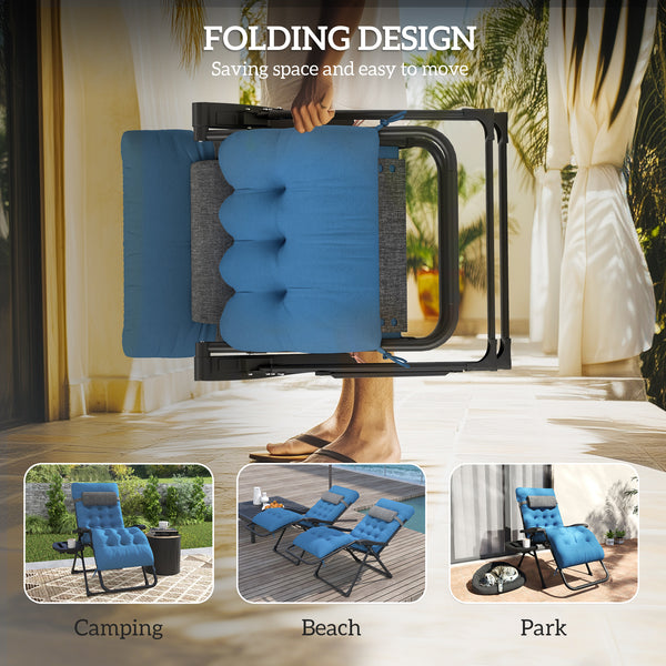 Padded Folding Recliner Chair with Cup Holder, Adjustable Backrest, Removable Cushion, Navy Blue