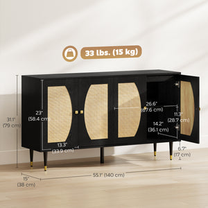 Bohemian storage sideboard with adjustable shelves, soft-close doors and rattan front, black
